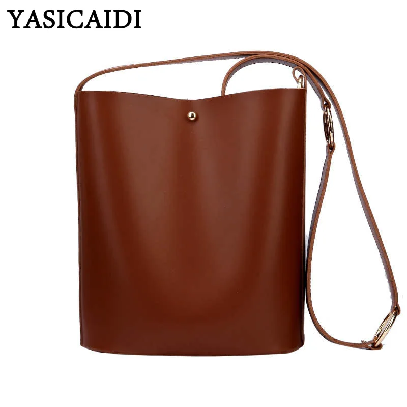 

YASICAIDI Luxury PU Composite Bag Solid Leather Bucket Wide Belt Shoulder Bags Women Party Shopping Crossbody Bag sac main femme