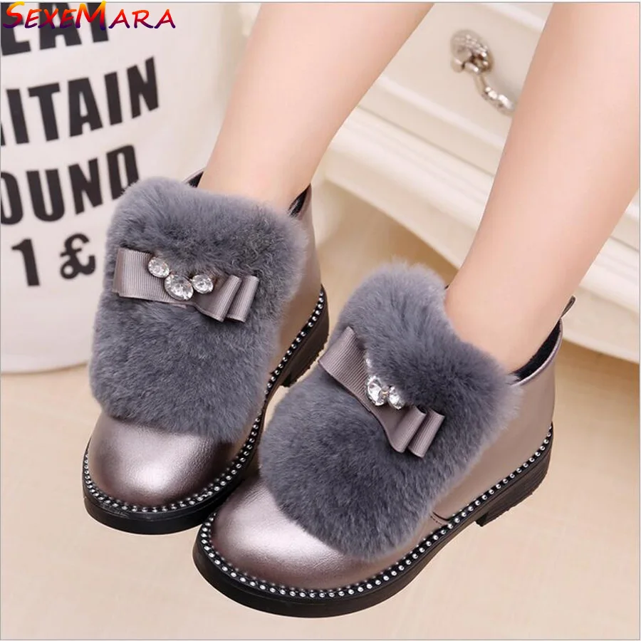 

2018 Girls princess Winter Leather shoes for Party or Wedding Baby Girl Fashion Fur Bow Waterproof Girls New brand Leather Shoes