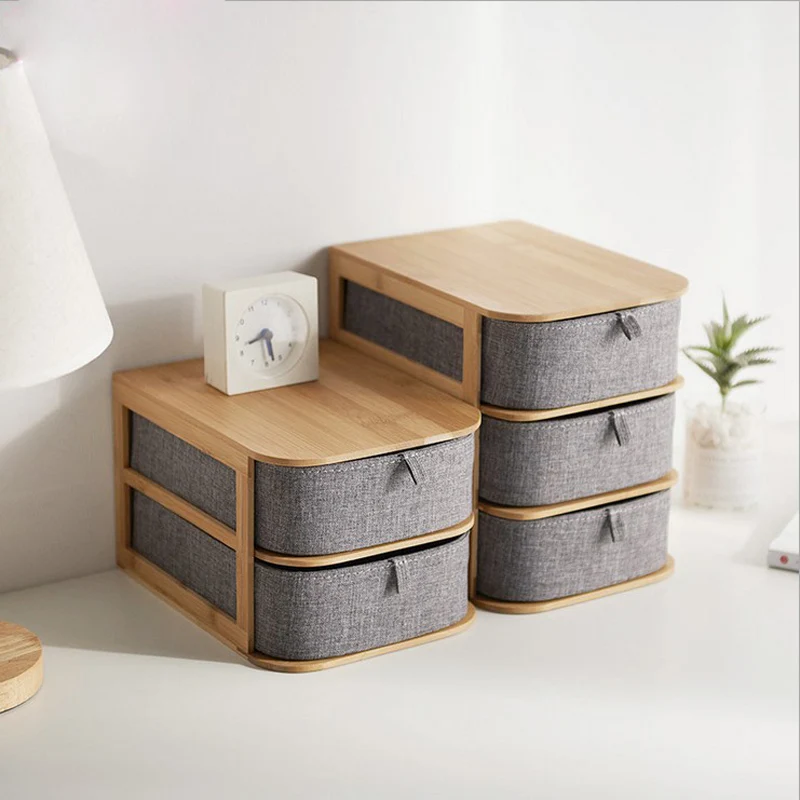 Bamboo Wood Gray Storage Drawer Desktop Nordic Sundries Superimposable Cloth Storage Box Makeup Container Home Organizer Decor