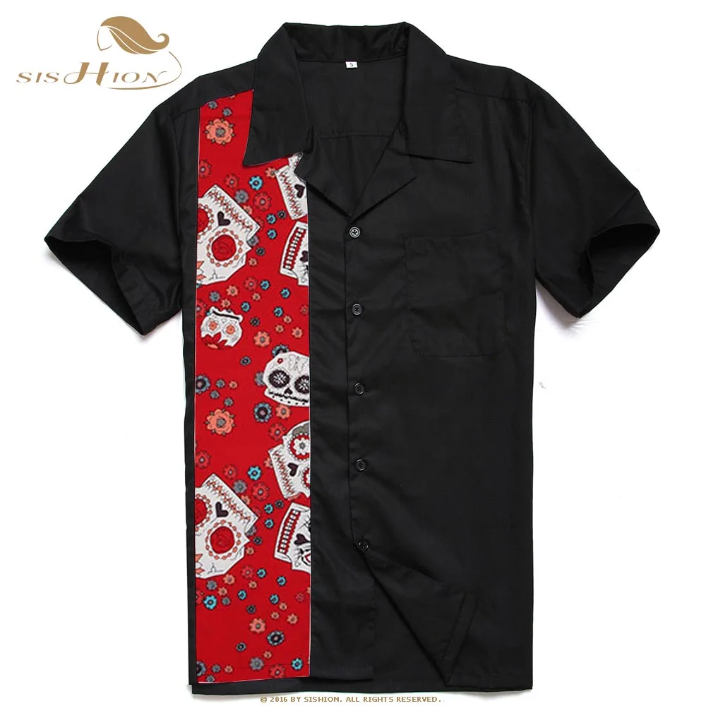 SISHION Black Men Shirts Dia De Los Muertos Skull Floral Print Button Up Mid-Century Inspired Men Shirts ST110 chemise homme