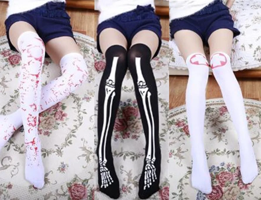 

2018 NEW Halloween Party Women Girl Cosplay Nurse Blood Skull Stockings High Elastic Over Knee Pantyhose Hosiery