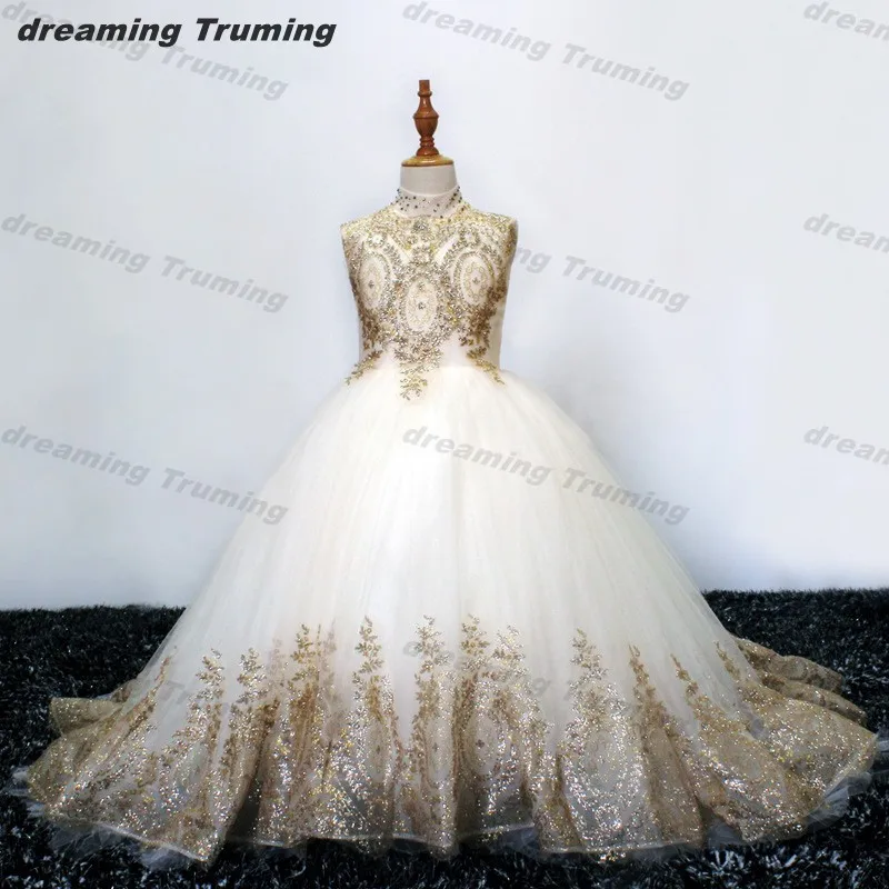 Реальные фотографии белый и золотой для девочек в цветочек платья бисерная Аппликация бальное платье для девочек вечерние платье для