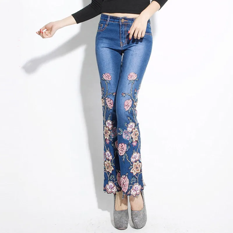 La Jeans Large Fleur Pour Main Lâche Aboorun À Lace Up Femmes X1664 Pantalon Broderie Taille Évasée Denim Jambe Blue Haute x0AxwFCqS