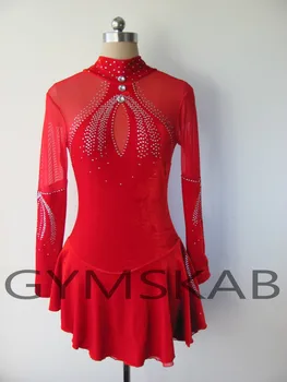 

2018 Elegant Figure Skating Dress Women's Girl's Customized Ice Skating Dress Long-sleeved Red Gymnastics Costume 8080