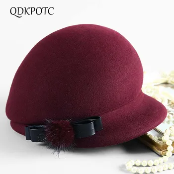 

QDKPOTC Autumn Winter Women High Quality 100%Wool Felt Fedoras Hat Noble Elegant Dinner Party Hats Butterfly Hairball Cap Beret