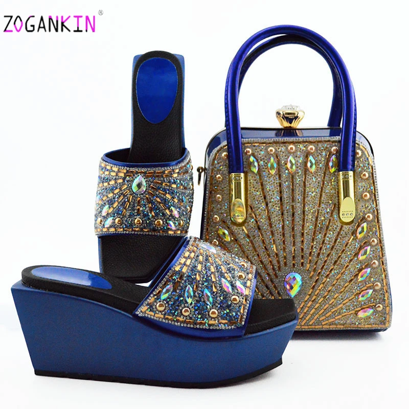 

2019 New Royal Blue Color Women Wedding Shoes with Matching Bags Bride High Heels platform Shoes Ladies Shoe and Bag Set