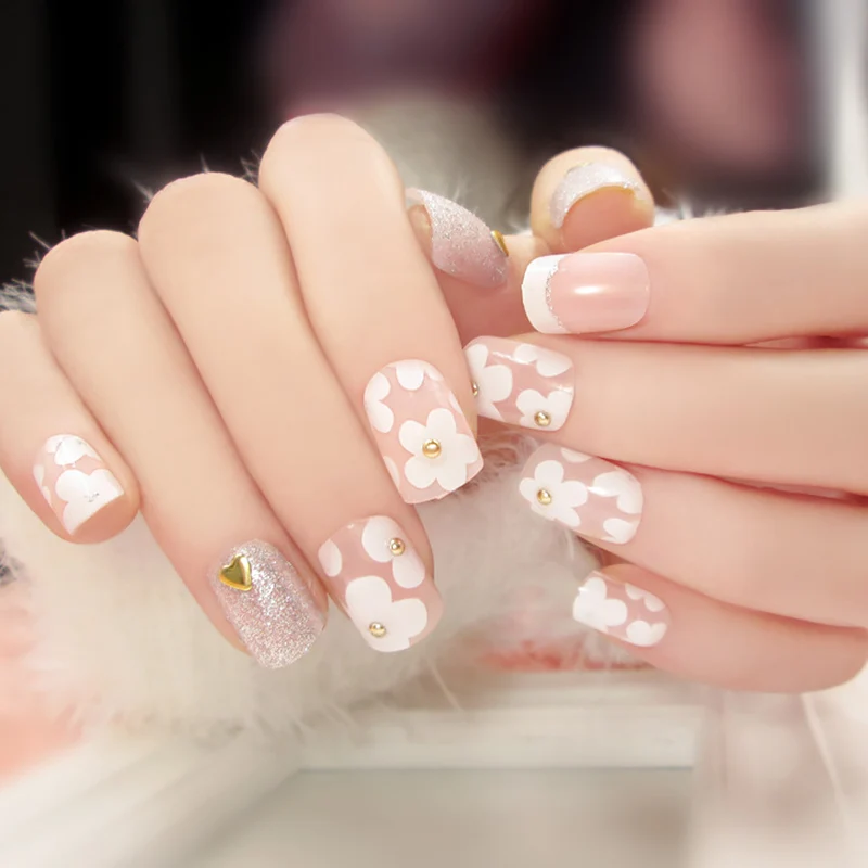 

wedding nail tip 24PCS False Nails Full Cover Short Glitter Nude Color Flower designs Artificial nails bridal Fake Nail Tips