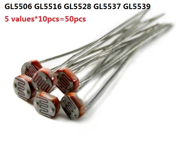 

5 values*10pcs=50pcs PhotoResistor Kit GL5506 GL5516 GL5528 GL5537 GL5539 Photosensitive Resistors 5506 5516 5528 5537 5539 Set