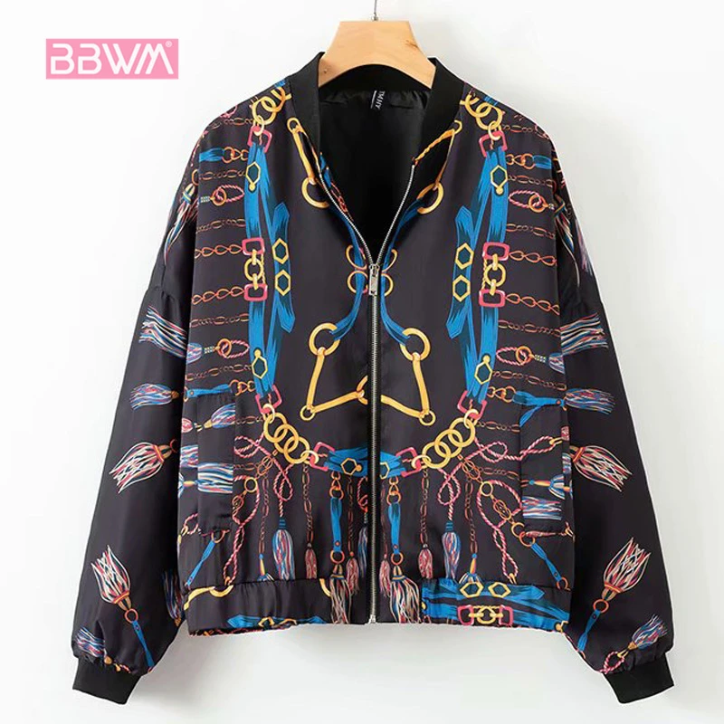 Шикарные Женские Новые зимние цепи печати круглый шеи с длинным рукавом моды Бомбер куртка женщин