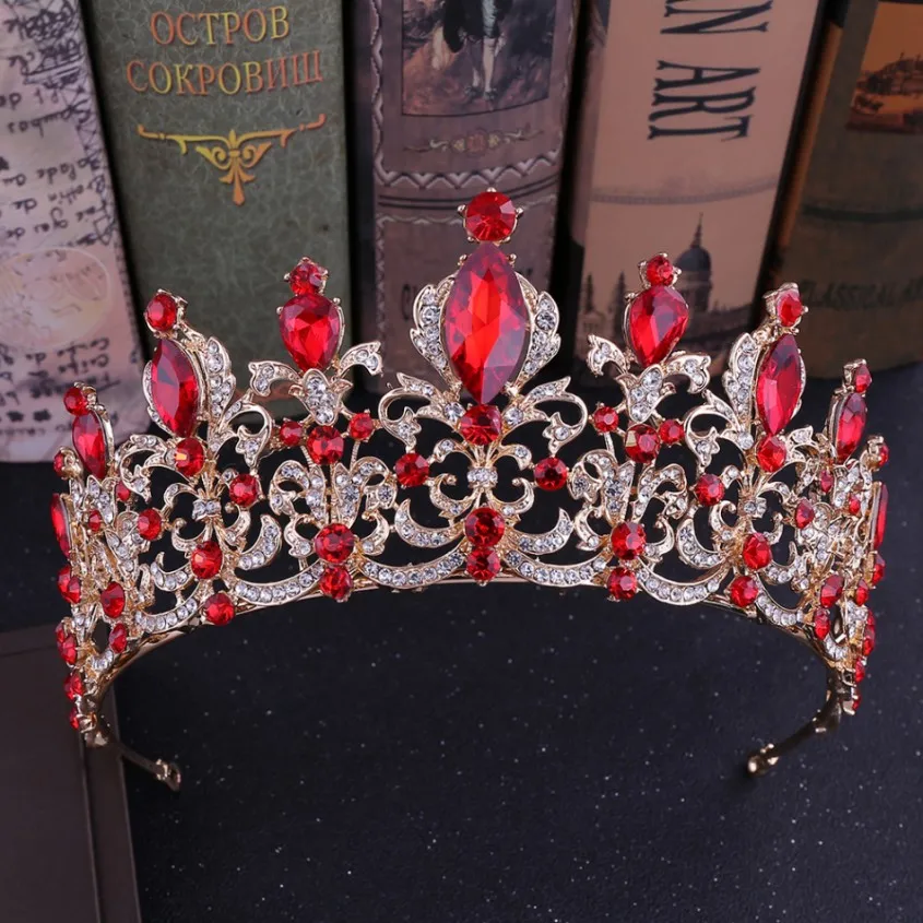 Gold Red Барокко красный черный хрустальные бусины Свадебная Корона-Тиара для невесты золотые стразы диадема повязка в виде короны свадебные аксессуары для волос - Окраска металла: Gold Red