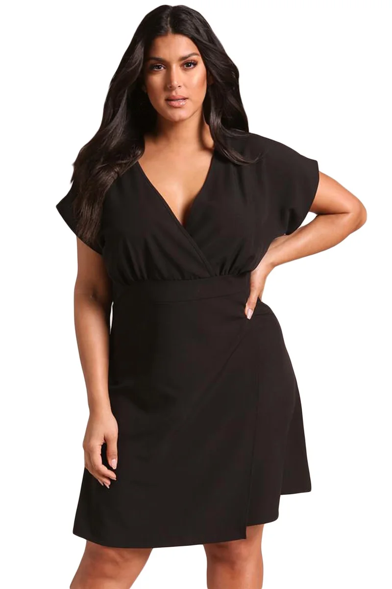 Black-Plus-Size-Deep-V-Surplice-Flared-Dress-LC610040-2-1