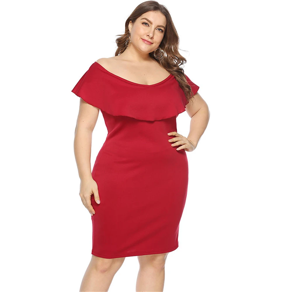 Louyebouho Women Plus Size Strapless Ruffle Dress Summer Sexy off Shoulder Slim Dresses Elegant Solid Color Robe Vestidos XL-4XL