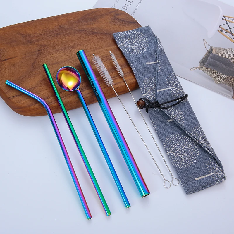 

6pcs Stainless Steel Drink Straw Spoon Set with Bag Cleaner Brush Reusable Rainbow Bent Straight Drinking Straw Bar Accessories