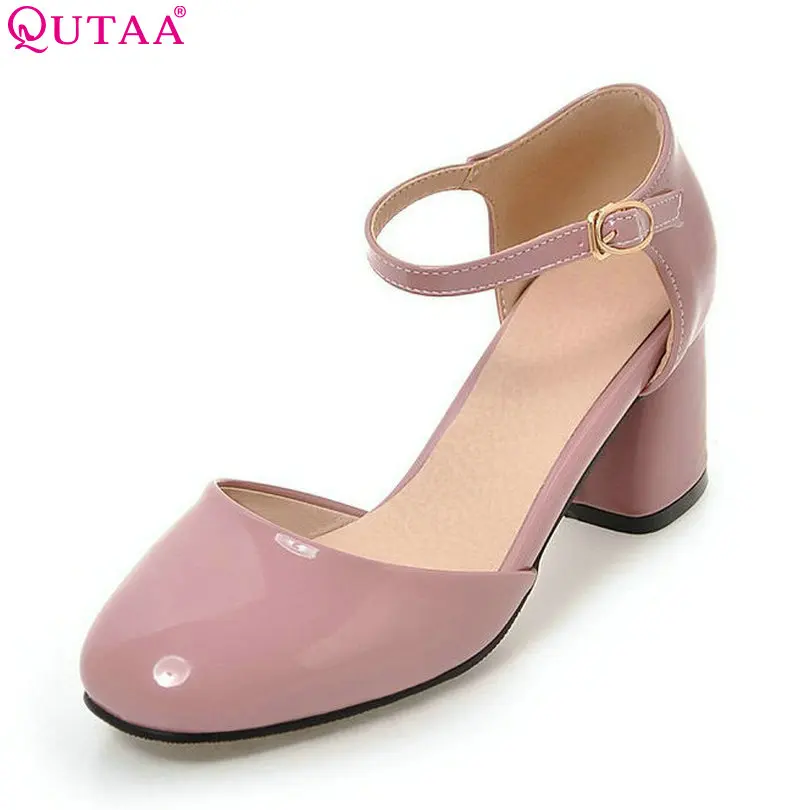 

QUTAA 2017 Women Pumps Square High Heel Platform PU Patent Leather Princess Style Ankle Strap Ladies Wedding Shoes Size 34-43