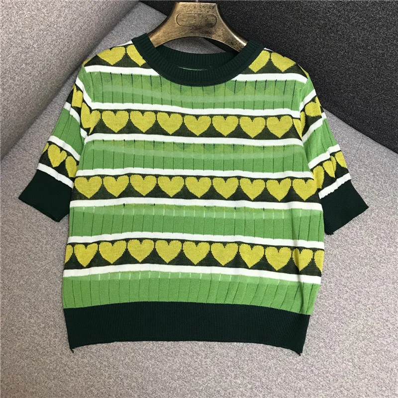 

Luxury Designer Brand Knitted Top for Women O Neck Short Sleeve Avocado Green Love Perspective Ice Silk Thin Knitted Pullovers