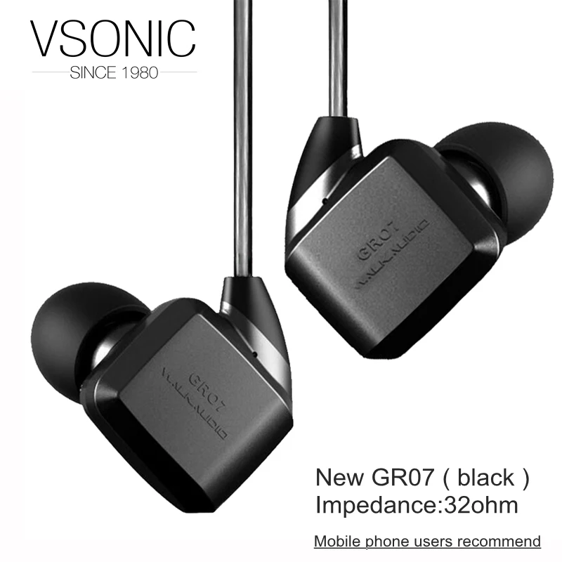 VSONIC HIFI динамические наушники-вкладыши, новинка GR07, классические профессиональные шумоизоляционные спортивные IME - Цвет: GR07 32ohm BLACK