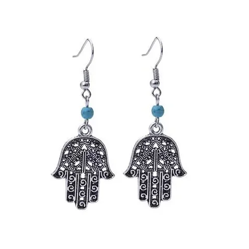 

Hot Fashion Vintage Long Tibetan Silver Color Fatima Hamsa Hand Drop Earrings Boho Hand Stone Beads Drop Earrings For Women