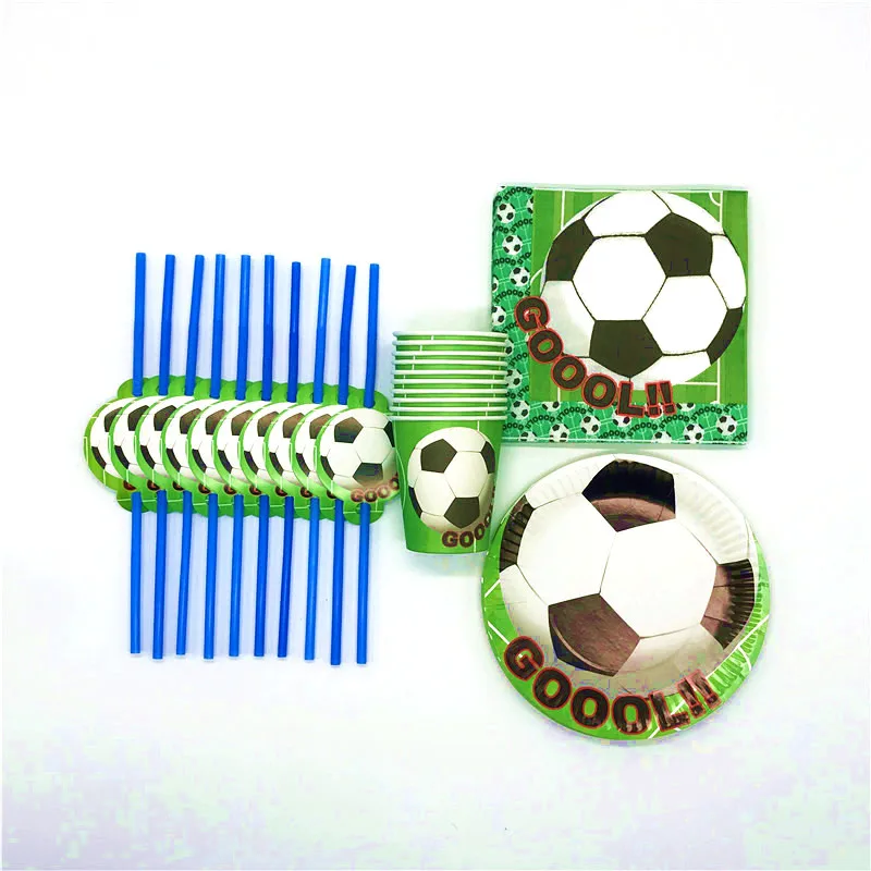 

80Pcs/Lot Green Football Theme Paper Tableware Event Party Kid Favors Football Theme Cup Plate Pink Straw Decoration Supply