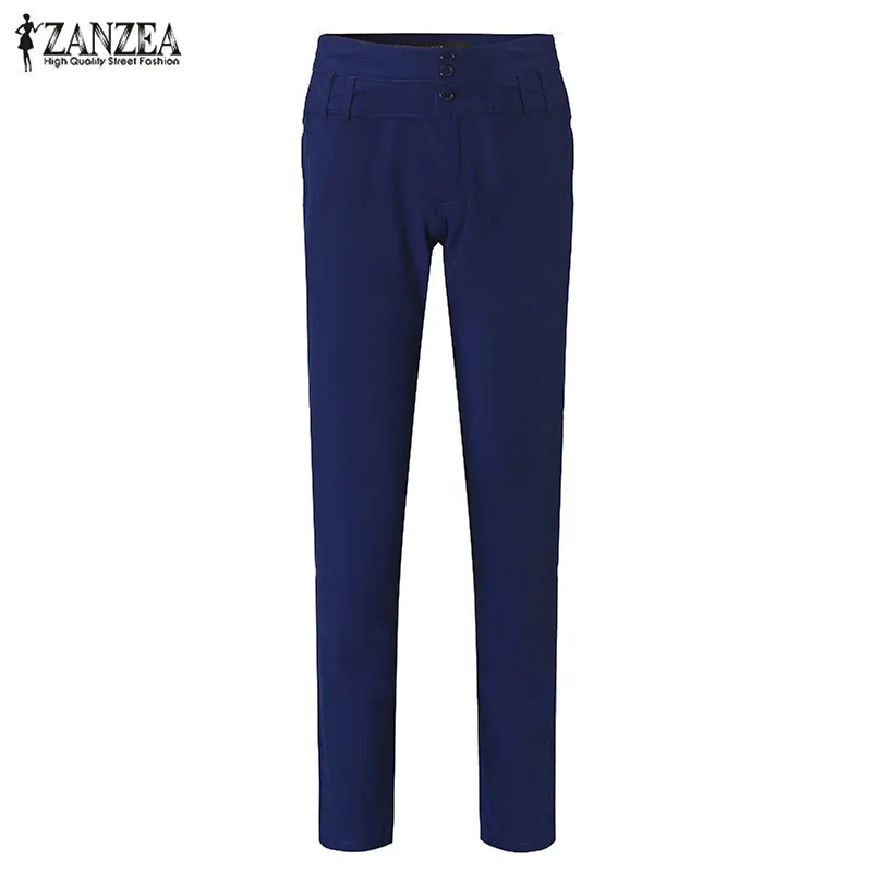 Осенние женские длинные штаны ZANZEA, высокая талия, пуговицы, молния, одноцветные брюки, повседневные, с карманами, узкие брюки-карандаш размера плюс, Капри