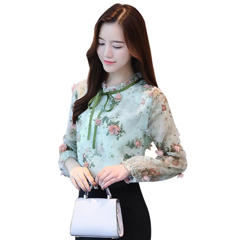 Autumn Floral Printed Stand Collar Bow Women Shirt Long