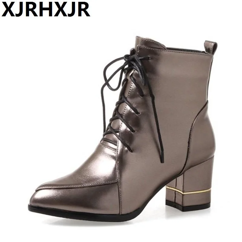 

XJRHXJR 2019 Hot Sale New Arrive Women Boots Pointed Toe Lace Up Ladies Boots Black Red Gray Winter Keep Warm Ankle Boots 33-43