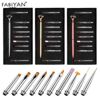 

10pcs/Set Nail Art Pen Brush Metal Crystal Replace Heads Carving Cuticle Remover Flat Line Flower Drawing Painting Manicure Tool