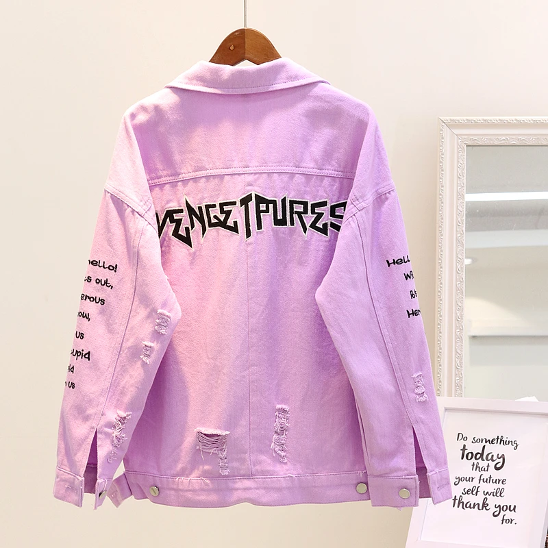 

Spring Autumn Denim Jacket Women Loose Embroidery Letter Jeans Jacket Women Basic Coat Big Size Casual Female Coats Pink Outwear