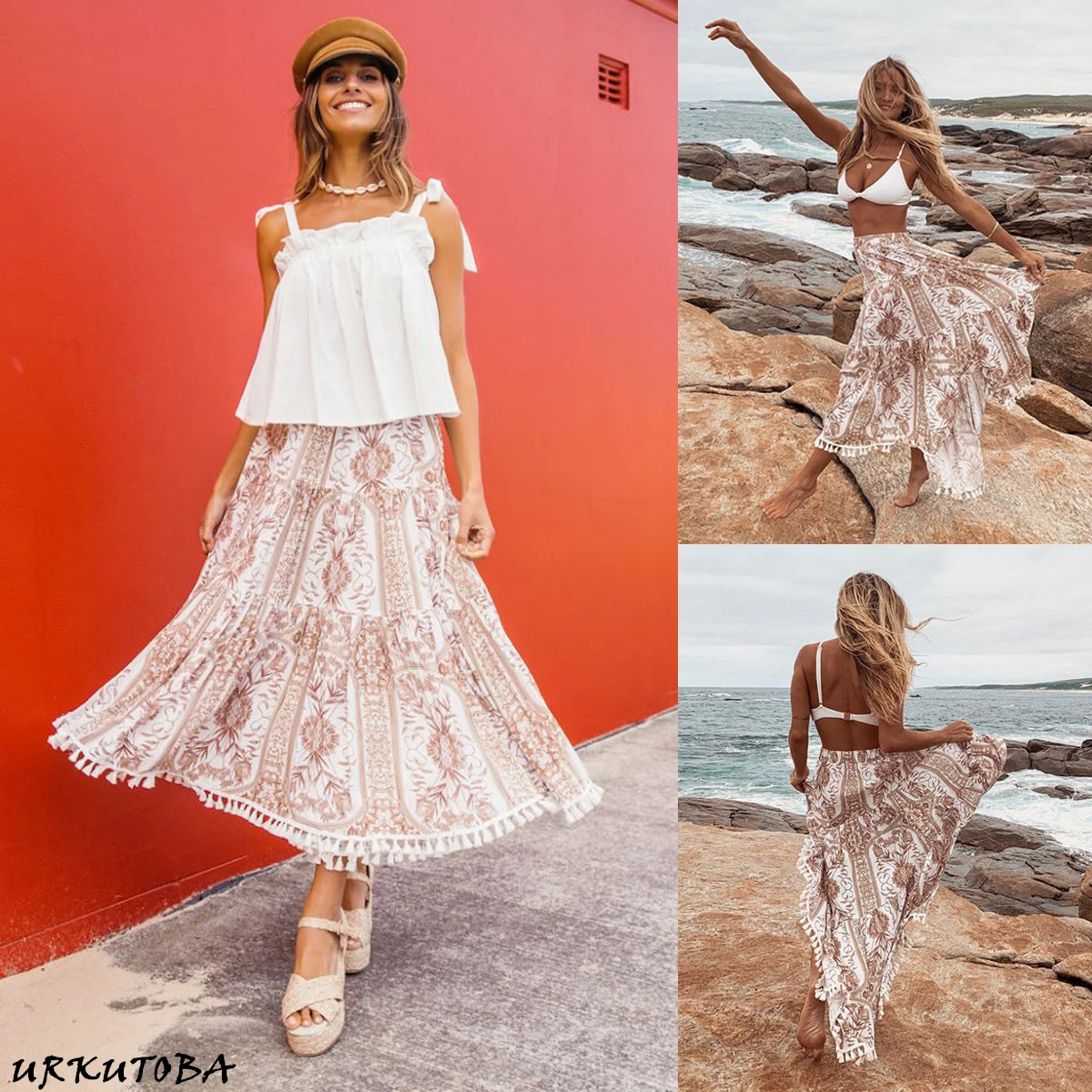 BOHO для женщин Ретро Gypsy длиной макси полный пляжная юбка для лета Защита от солнца пляж ленточки повседневное плиссированные юбка с принтом