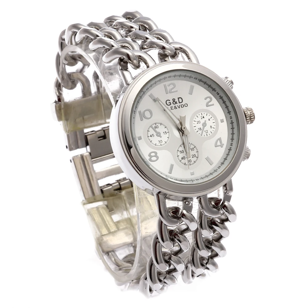 G& D женские часы с двойной цепочкой, серебро, нержавеющая сталь, ремешок, модные часы с тройным циферблатом, Кварцевые аналоговые наручные часы