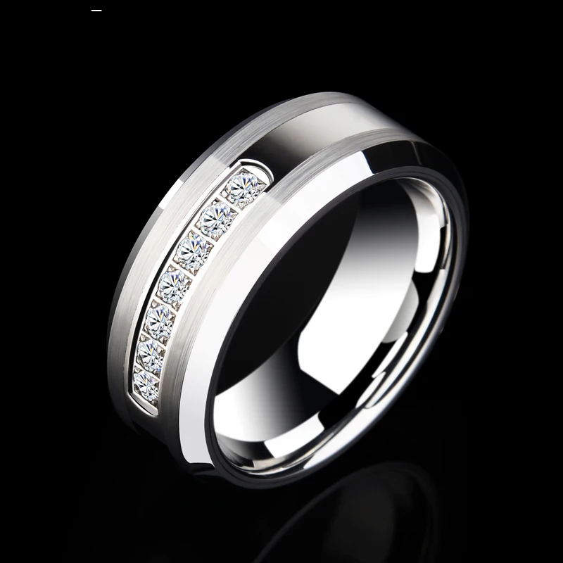 New Arrival Men's Fashion Jewelry 6/8mm Tungsten Wedding Rings with Shiny Seven CZ Stones by CNC Inlay Size 7-13 Free Shipping |