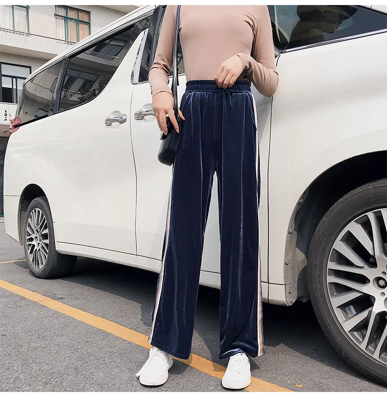 Jielur корейский стиль брюки женские цветные полосы тонкие широкие брюки женские модные свободные летние золотые бархатные уличная одежда