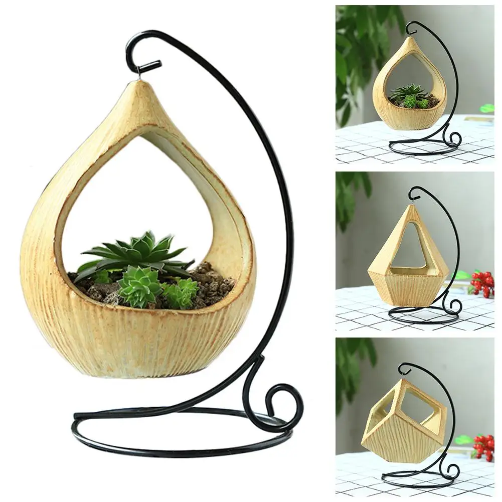 Iron Stand Hanging Basket Microlandschaft Geometric Ceramic Succulent Plants Flower Pot Hook Desk Bracketplant | Дом и сад