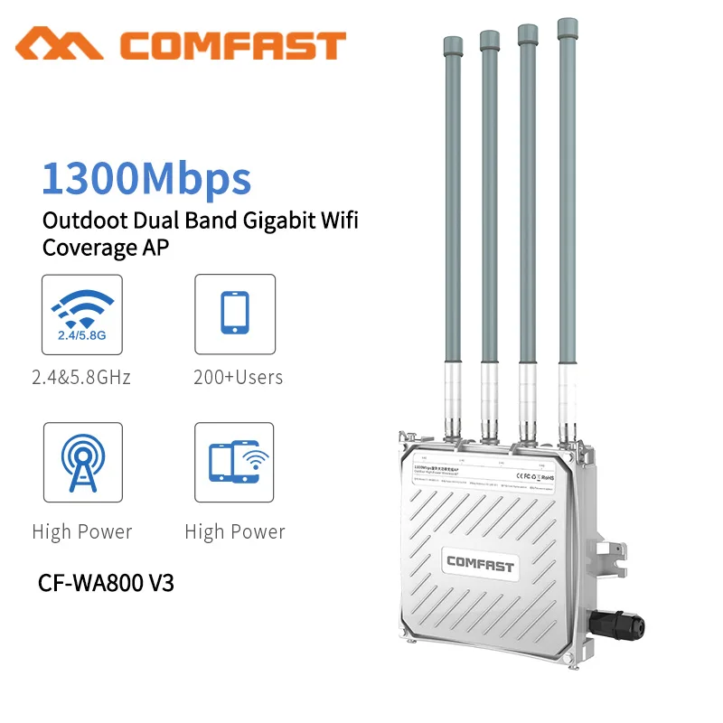 

Comfast 1300Mbps Dual Band 5.8G Outdoor AP 4*8dBi Antenna WiFi Cover Base Station Router WiFi Signal Hotspot Amplifier Repeater