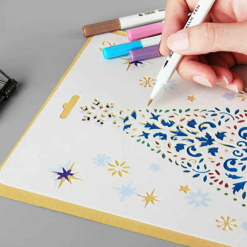 

Creative Christmas Openwork Templates Rulers For Drawing Stencils Ruler Lace DIY Decoration Tools PP Manual Notebook Stationery