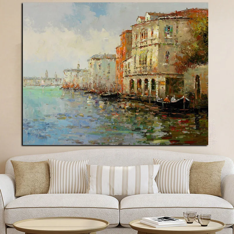 HD Print Abstract Venice Resorts Seascape Oil Painting on Canvas Modern Boat Landscape Poster Art Wall Picture for Living Room (2)