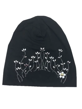 

B17950 Newest summer 100% cotton skullcap good stretch fashion shimmer silver Floret decoration hats solid beanies for women