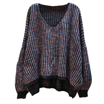 

Women Rainbow Colorful V neck Sweater Oversized knitting Pullover Lady Winter Striped Female Tops Plus Size