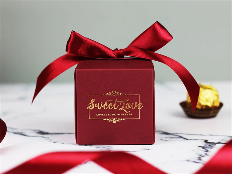 3 10pcs Gift Box Square Red Green Bronzing Candy Bag Wedding Favors Gift Ribbon Box Packages Birthday Party Favor Paper Bags 