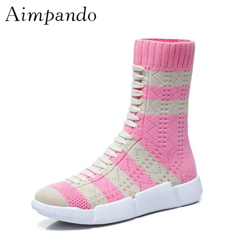 

Stretch Sock Booties For Women Wool Knitted Stripe Pink Red Flat Thick Heel New Winter Runway Botas Mujer