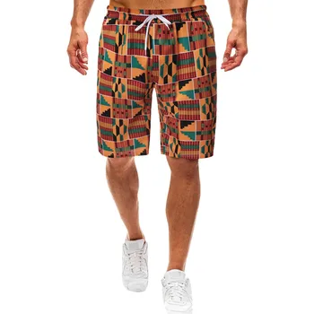 

2019 Summer Men Beach Pants Vintage Elasticated Waist Drawstring African Multicolor Print Beach Shorts Pants Plus Size L513
