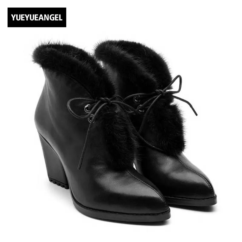 

2018 New Office Lady Work Black Genuine Leather Ankle Boots For Women Block Heels Pointed Toe Lovely Fur Trim Party Female Shoes