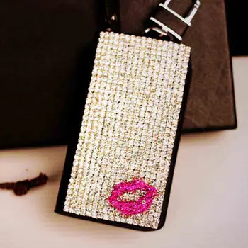 

Women Girls Crystal Rhinestone Car Key Holder Cover Genuine Leather Black Auto Key Case Ring Universal Diamond Key Storage Box