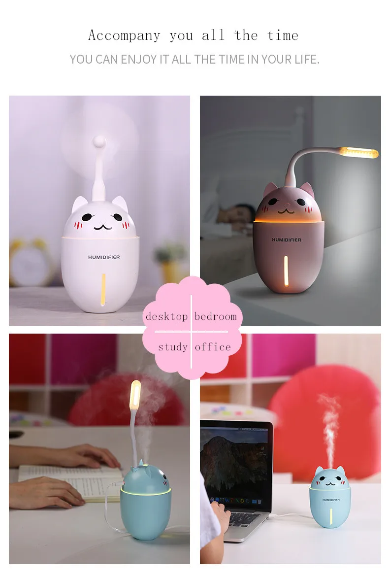 3 in 1 Car humidifier 320ML USB Air Humidifier Ultrasonic Cool-Mist Adorable Car Mini air purifier With LED Light Mini USB Fan