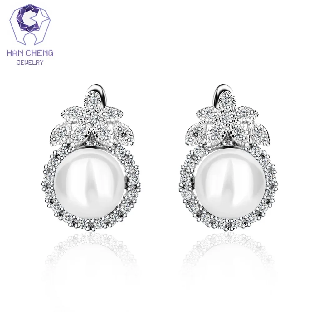 HanCheng New Fashion Luxury Copper Silver Plated Nail Gem Stone Zircon Leaf Pearl Stud Earrings For Women Jewelry brincos bijoux | Украшения