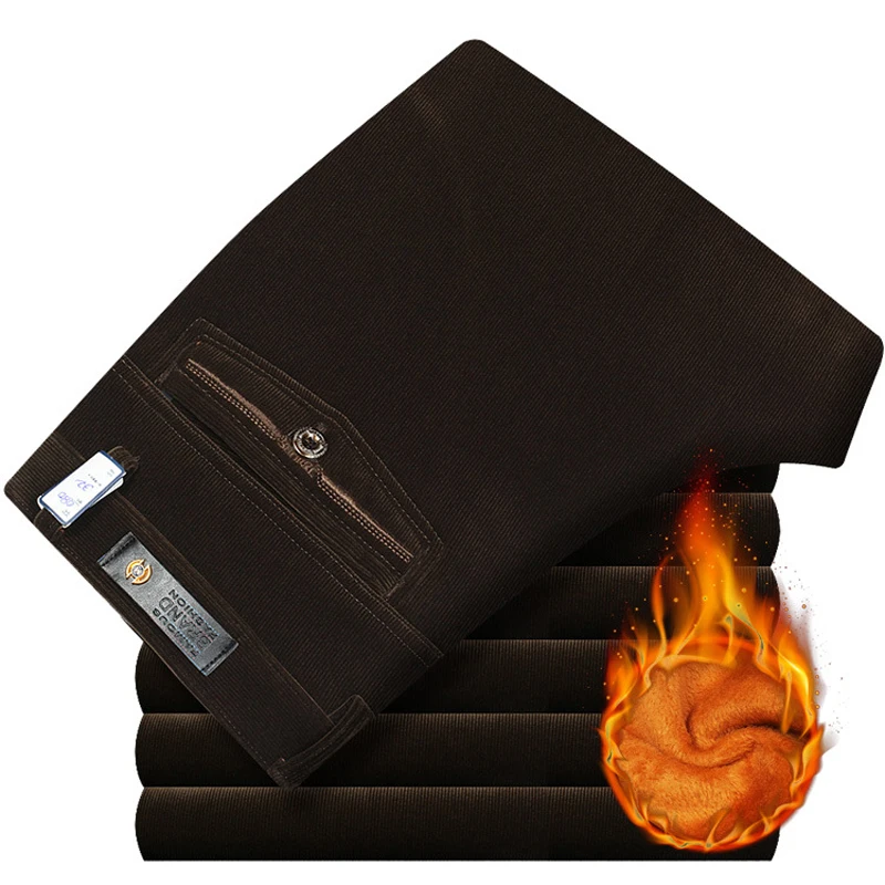 

ICPANS Quality gold cashmere trousers men winter plus velvet thick warm men's corduroy pants loose straight pants size 42