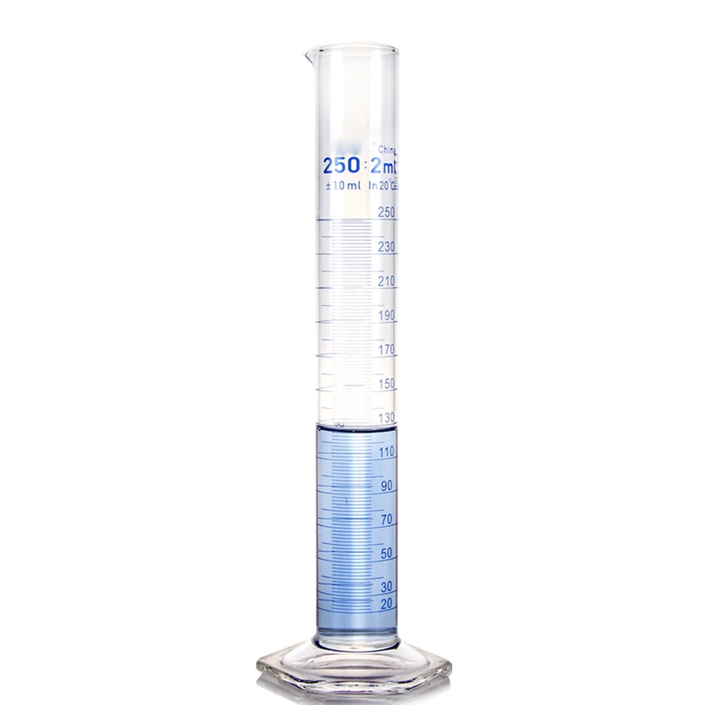 250mL Measuring Cylinder with Spout and Graduation with Glass Heagon Base Laboratory Chemistry Equipment