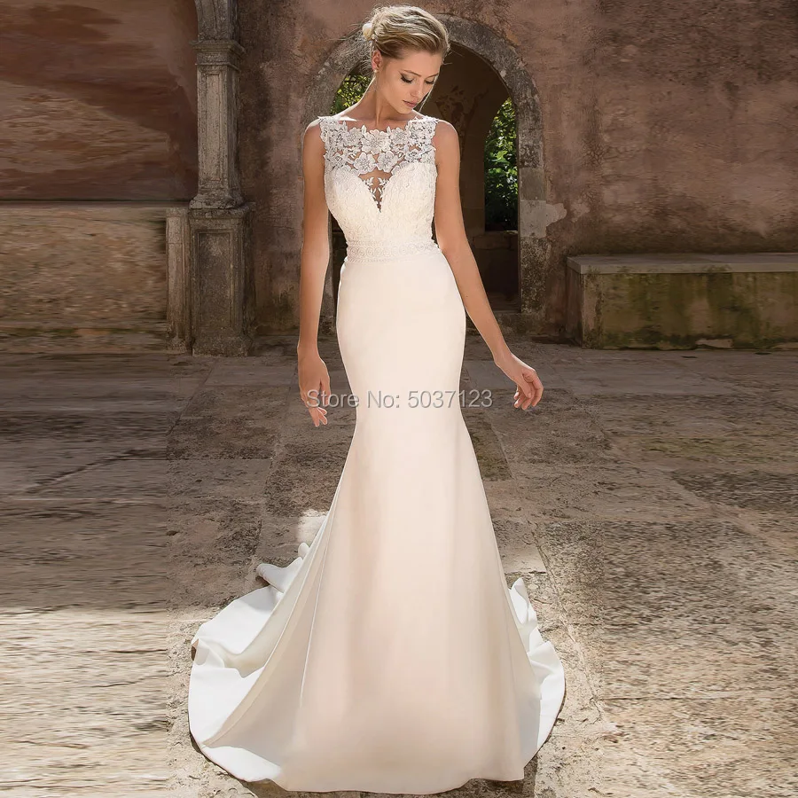 

Satin Mermaid Wedding Dresses Vestido De Noiva Scoop Sleeveless Backless Lace Appliques Court Train Bridal Gowns