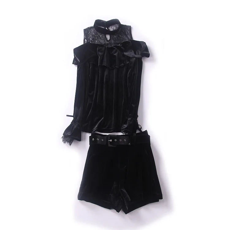 black color Lace Patchwork Off-Shoulder Ruffle Velvet Blouse Croptop and A-line Short Pants Suit Women (1)