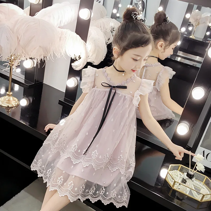 

2019 Summer New Girl dress in Korean version sleeveless light lace dress girl net yarn dress Princess dress Big Code