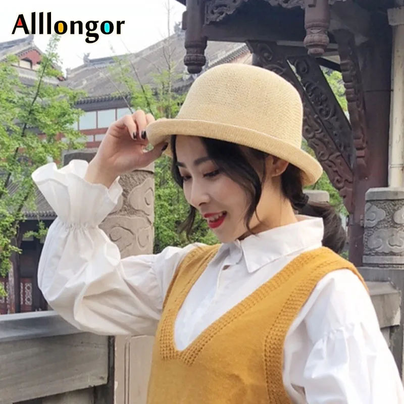 Женская пляжная соломенная шляпа sombrero mujer летняя дышащая с купольным верхом
